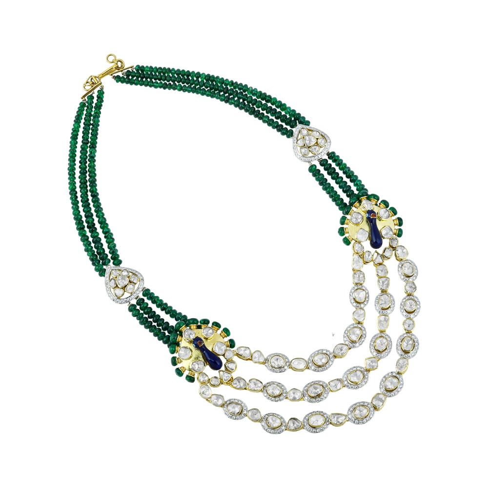 Three-Strand Polki Necklace with Emeralds and Enamel Peacock